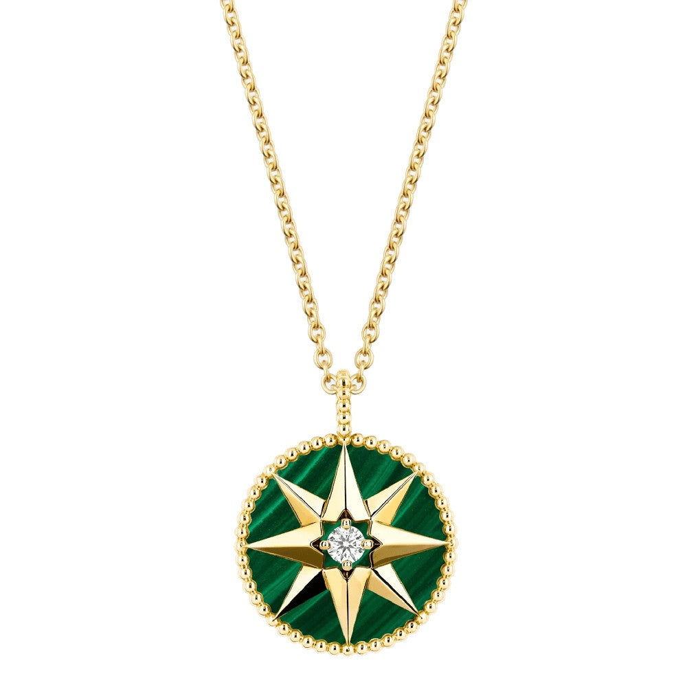 Collier Dior Rose des Vents Moyen Modèle Malachite Diamant Or Jaune 18 Carats