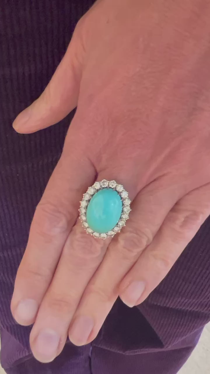 Bague Retro Pompadour Cabochon Turquoise Diamants Platine Or Gris 18 Carats
