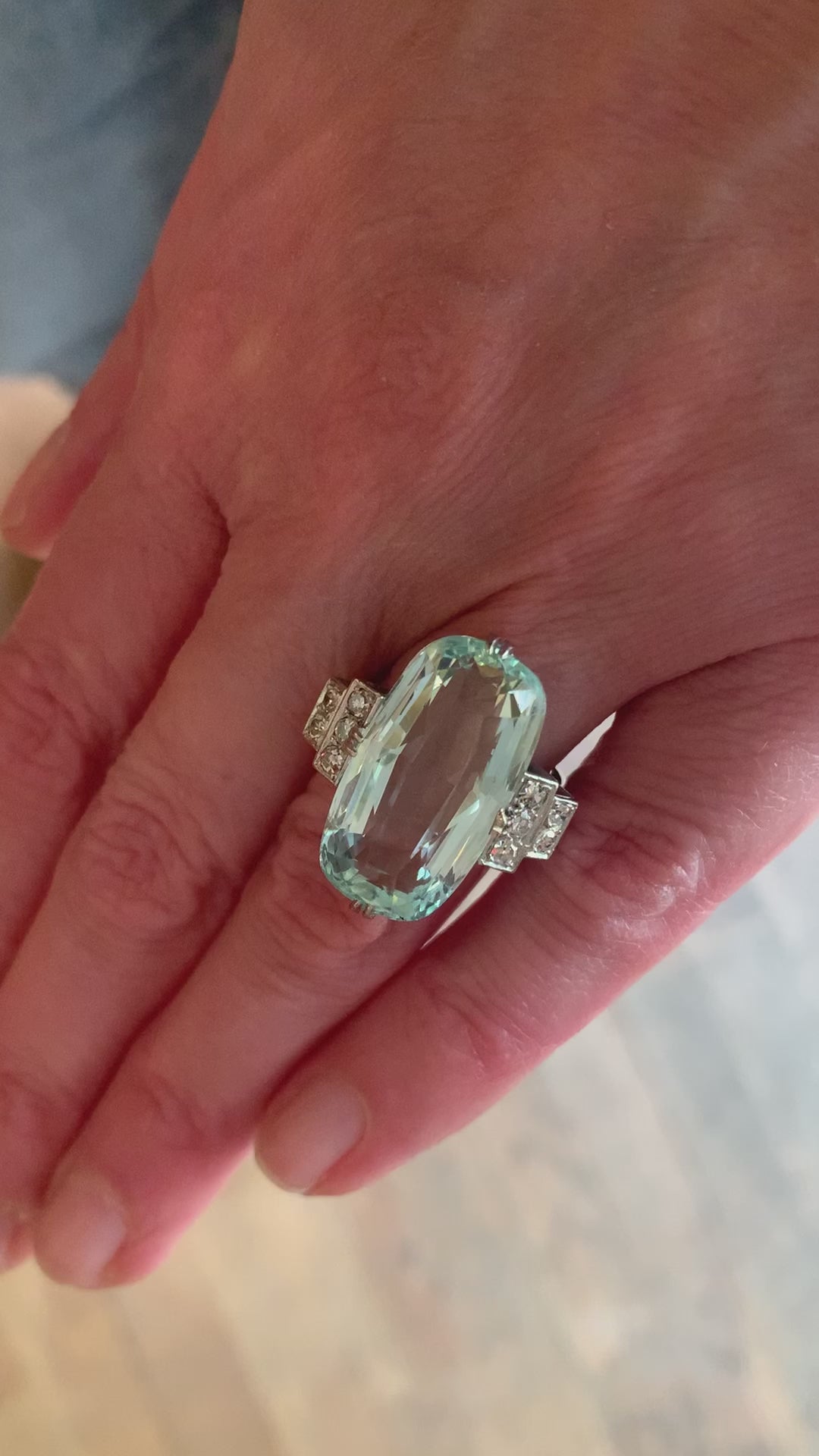 12 Carats Aquamarine Diamonds Platinum Art Deco Ring